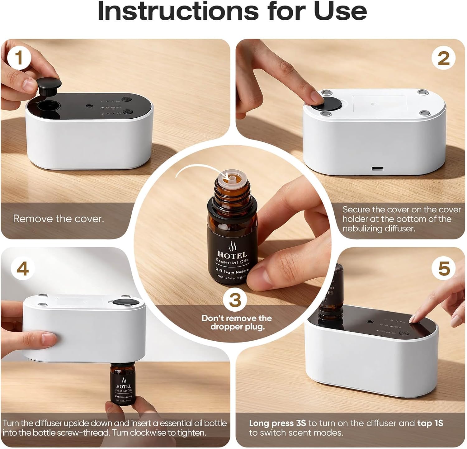 Instructions for installing an essential oil bottle in a waterless aromatherapy diffuser
