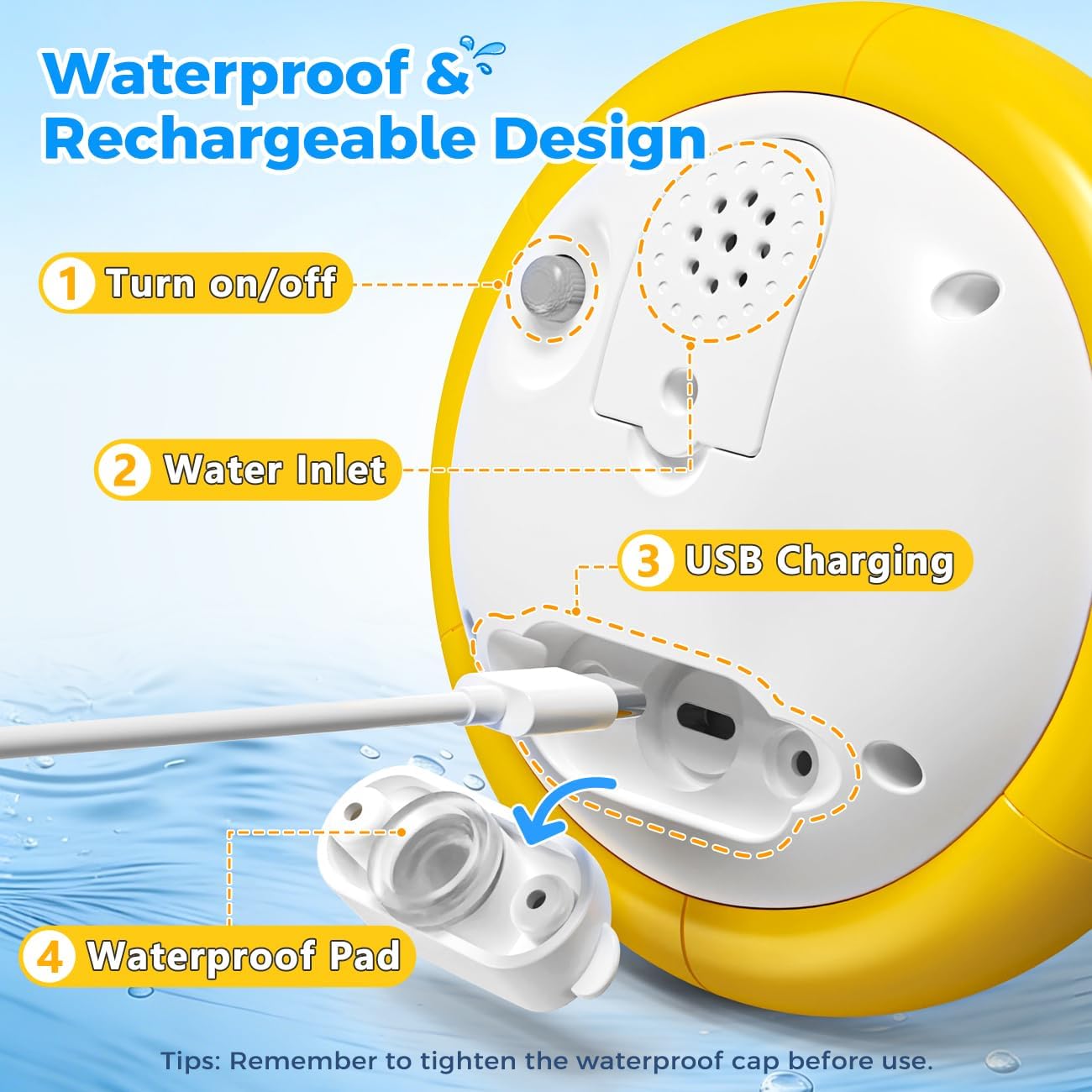 Waterproof rechargeable whale bath toy with USB charging port