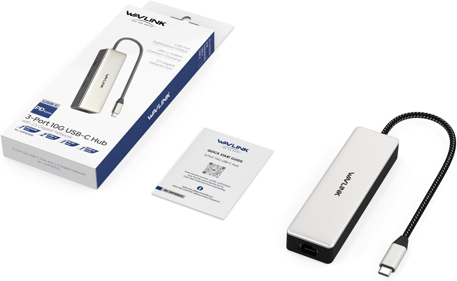 Box packaging of WAVLINK 3-Port 10G USB-C Hub with Quick Start Guide