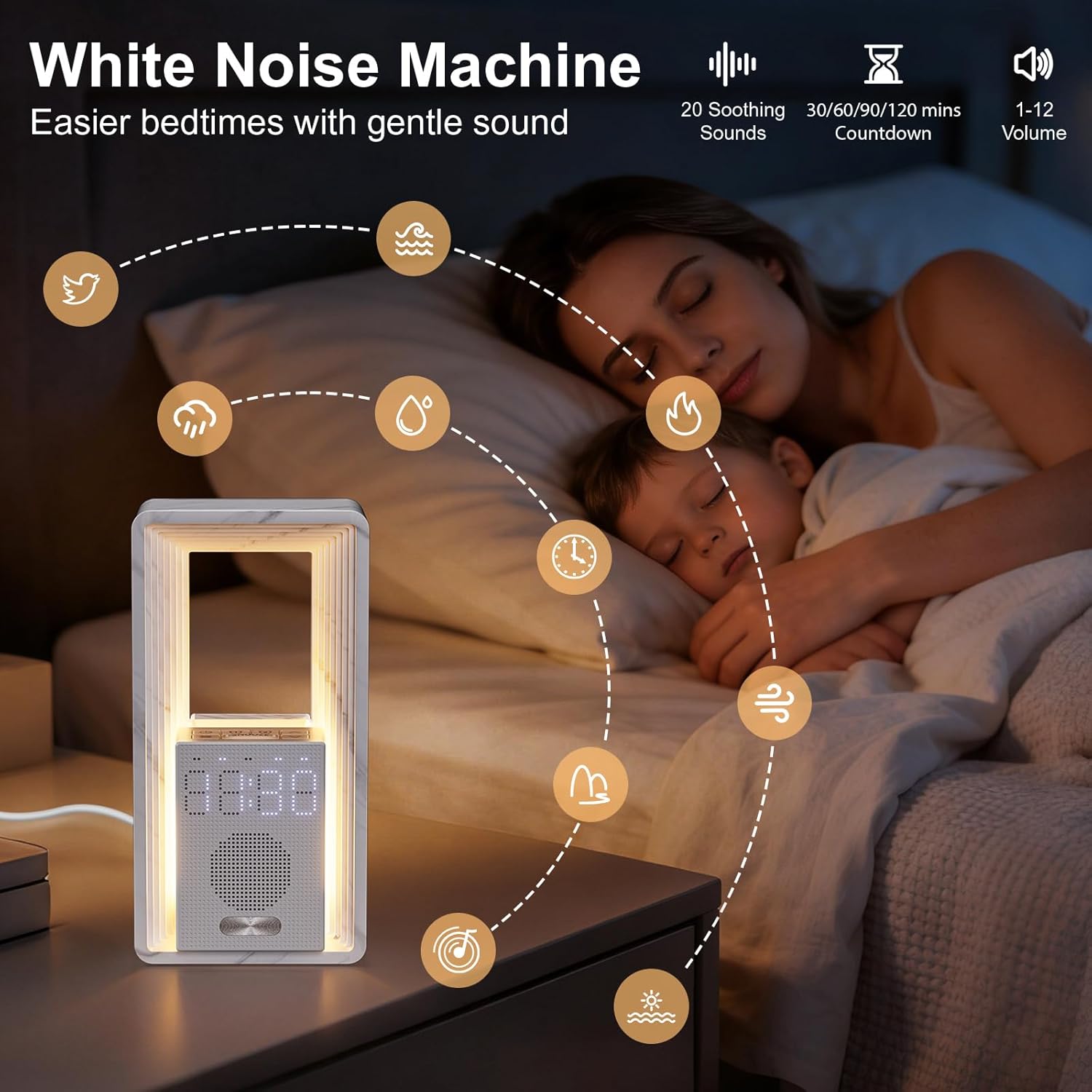 White noise machine alarm clock with soothing sleep sounds for bedroom