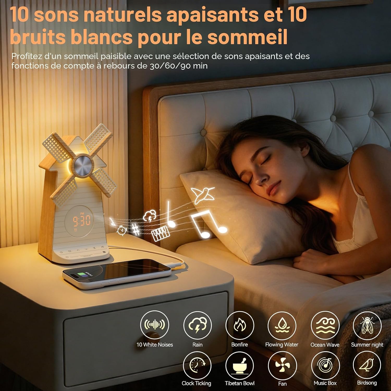 Alarm clock with white noise machine and relaxing nature sounds