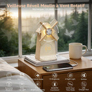 Windmill bedside alarm clock with rotating blades wake light and USB charging