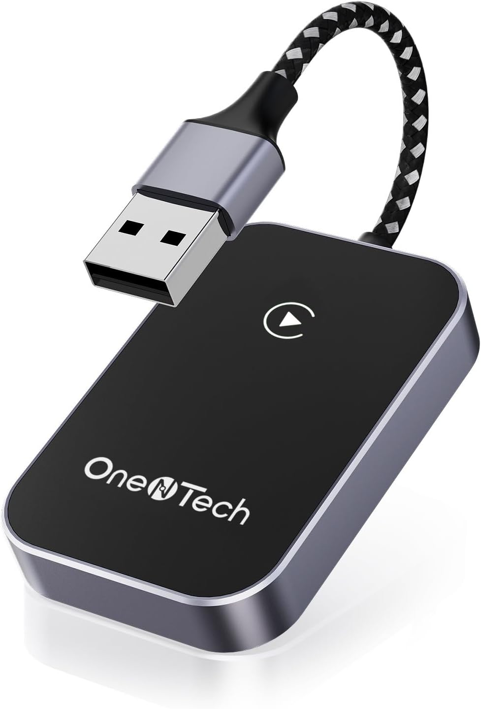 Close-up of OneNTech Wireless CarPlay Adapter with USB connector