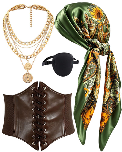 Women’s Pirate Costume Accessories Set, 4-Piece Halloween Pirate Outfit with Scarf, Necklace, Corset & Eye Patch