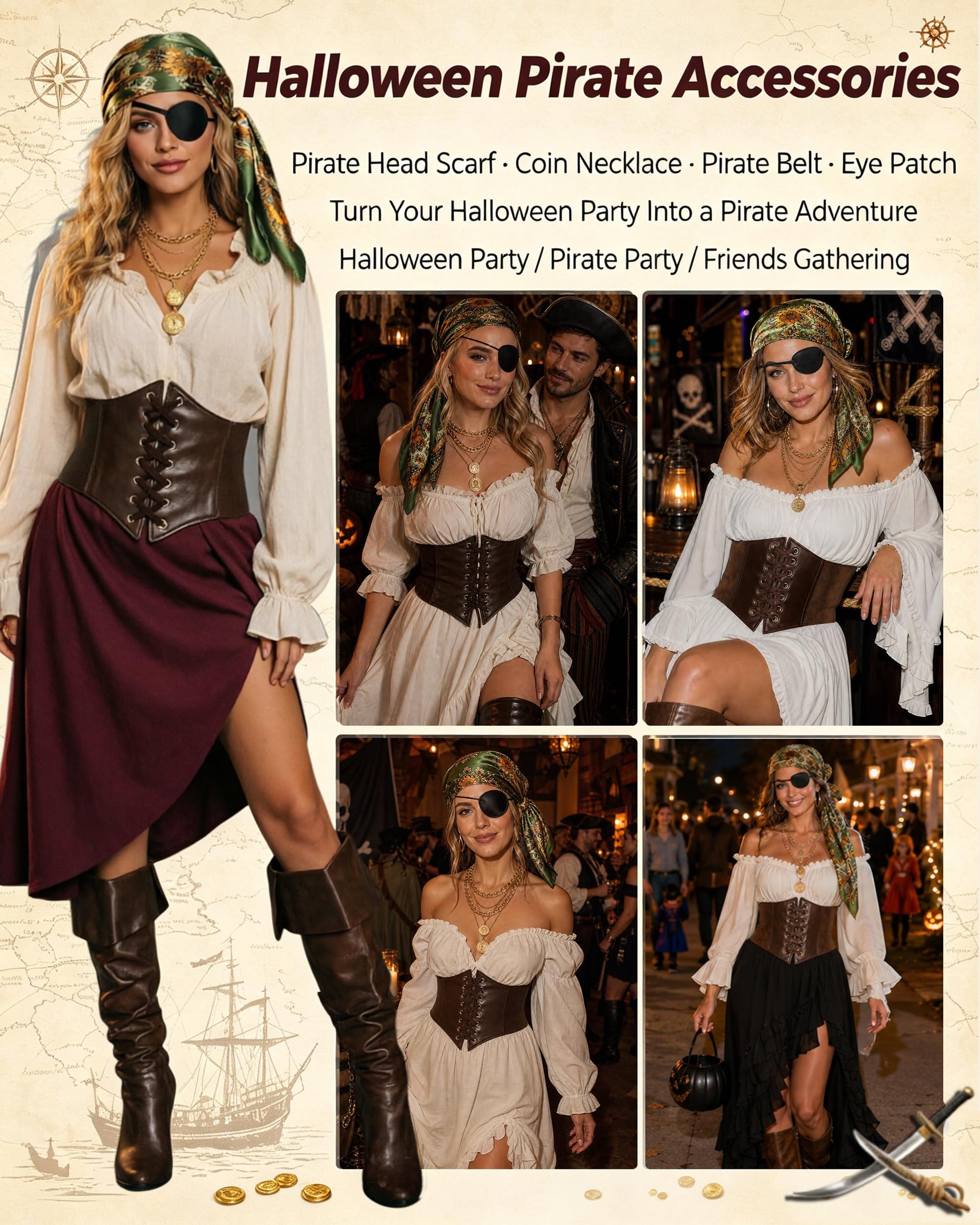 Women's Halloween pirate costume accessories with corset scarf necklace and eye patch
