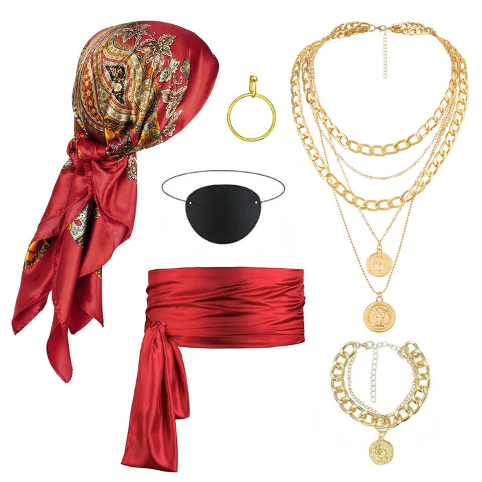Women's Pirate Costume Accessories Set – 6 Pieces, Red & Gold