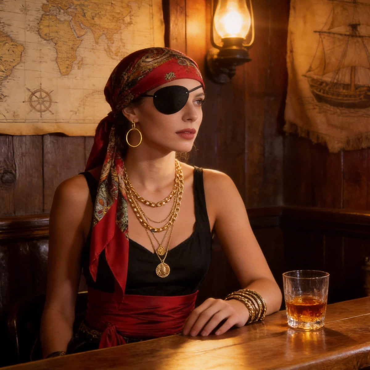 Model styling pirate headscarf eyepatch and gold-tone jewelry