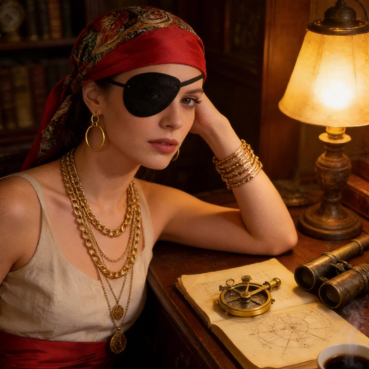 Women's pirate costume accessories with red scarf and layered necklace