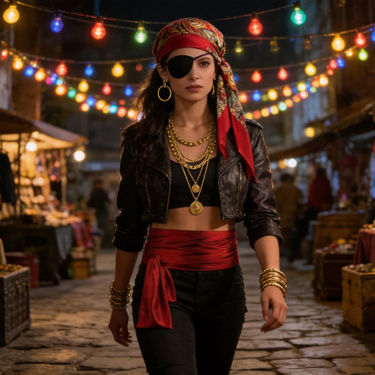 Pirate-themed costume styling with red sash and costume jewelry