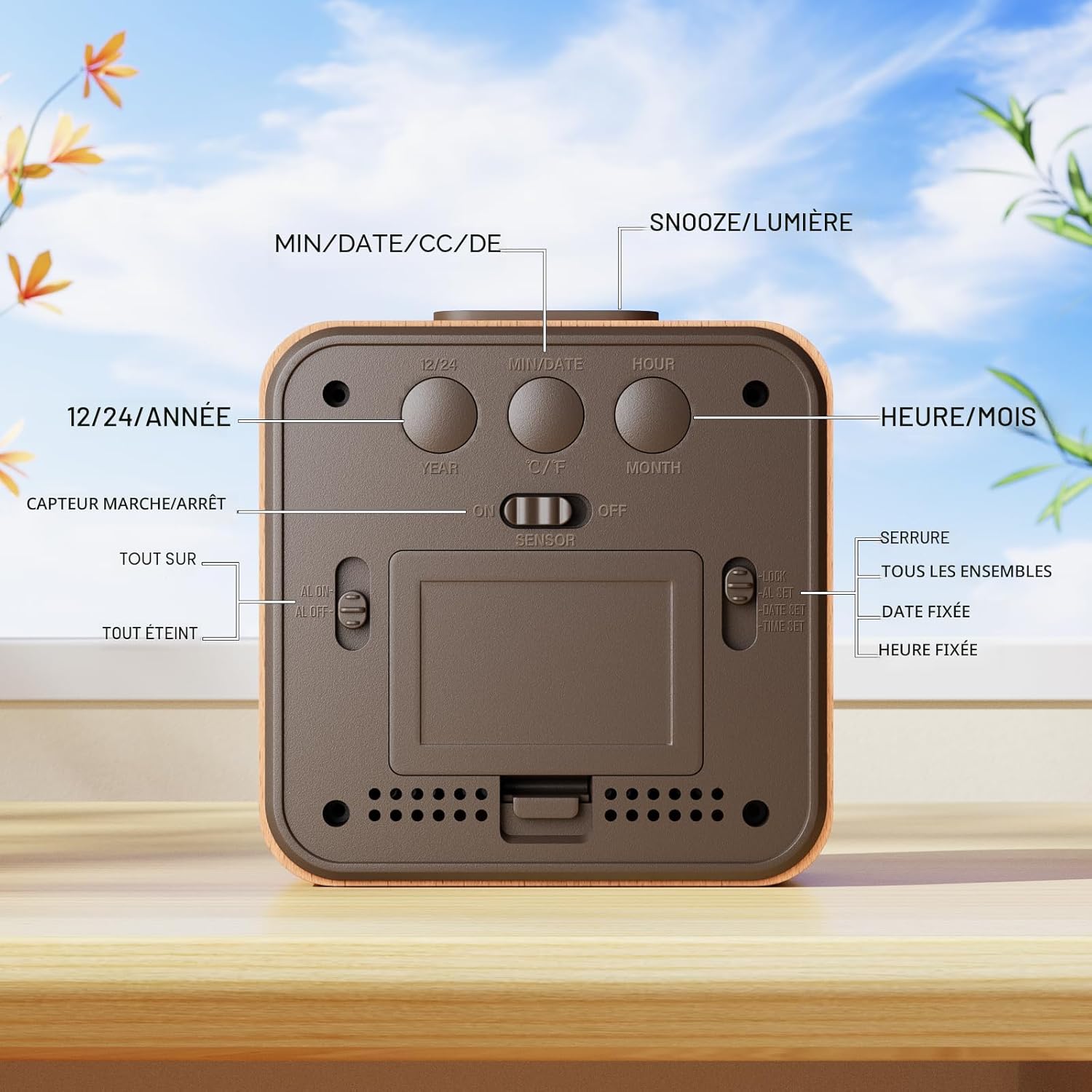Wooden alarm clock back view showing control buttons and settings
