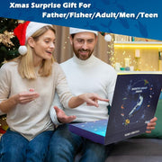 Man and woman excitedly unboxing fishing advent calendar for Christmas