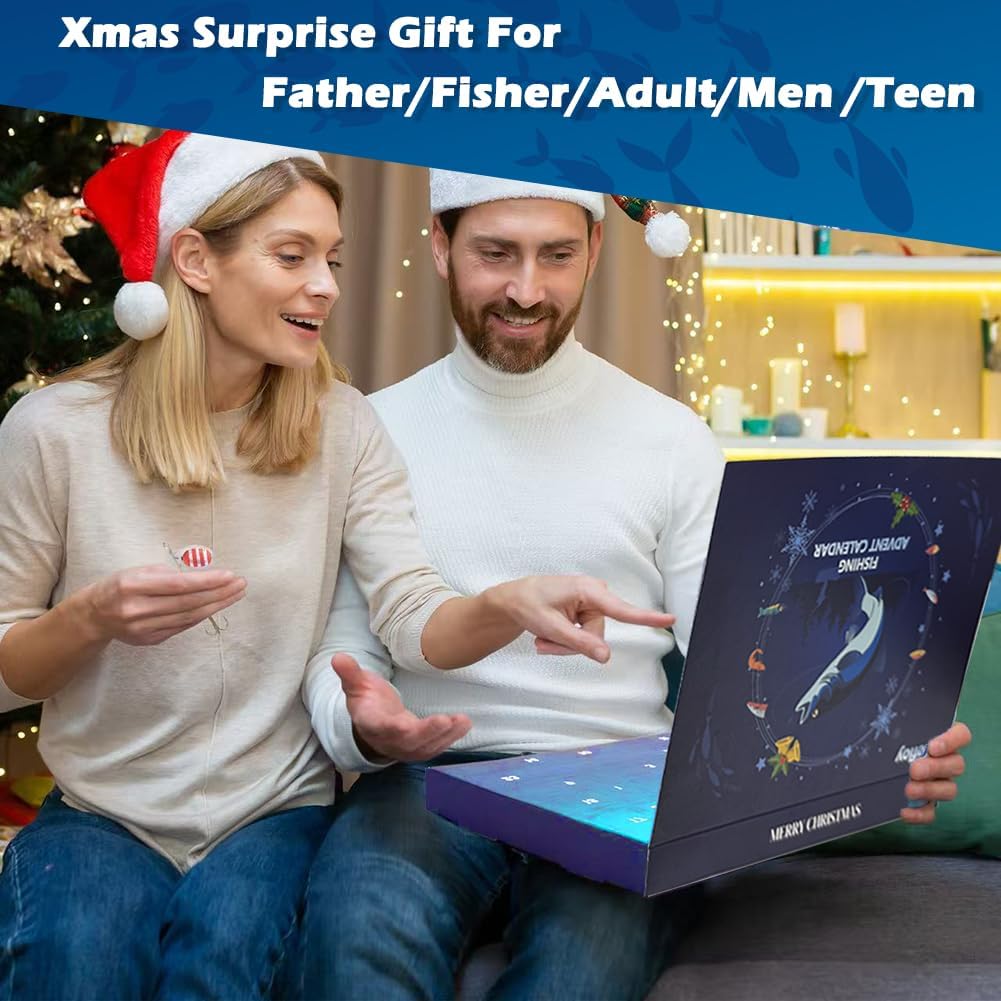Man and woman excitedly unboxing fishing advent calendar for Christmas