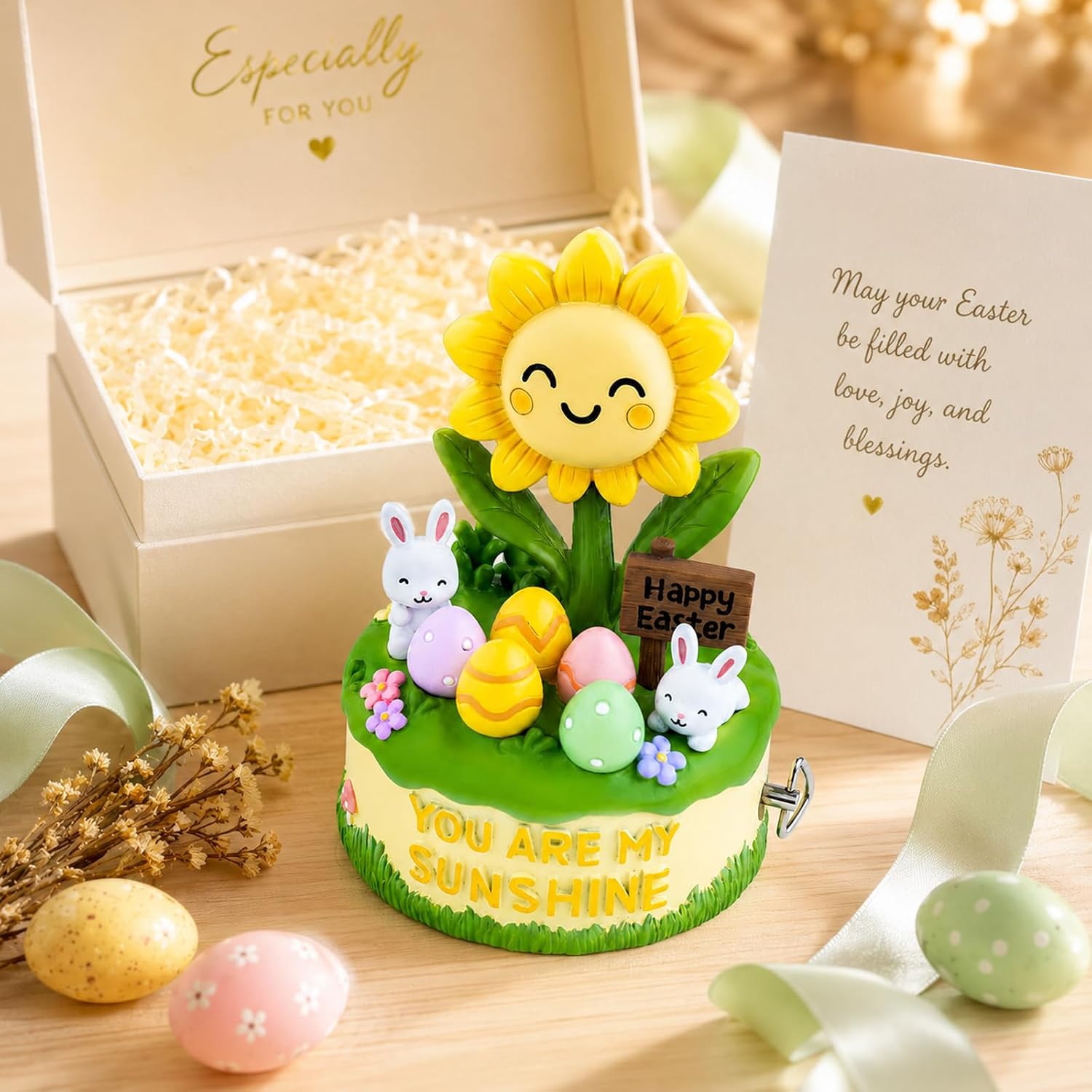 You Are My Sunshine Easter hand crank music box displayed in a gift box with greeting card
