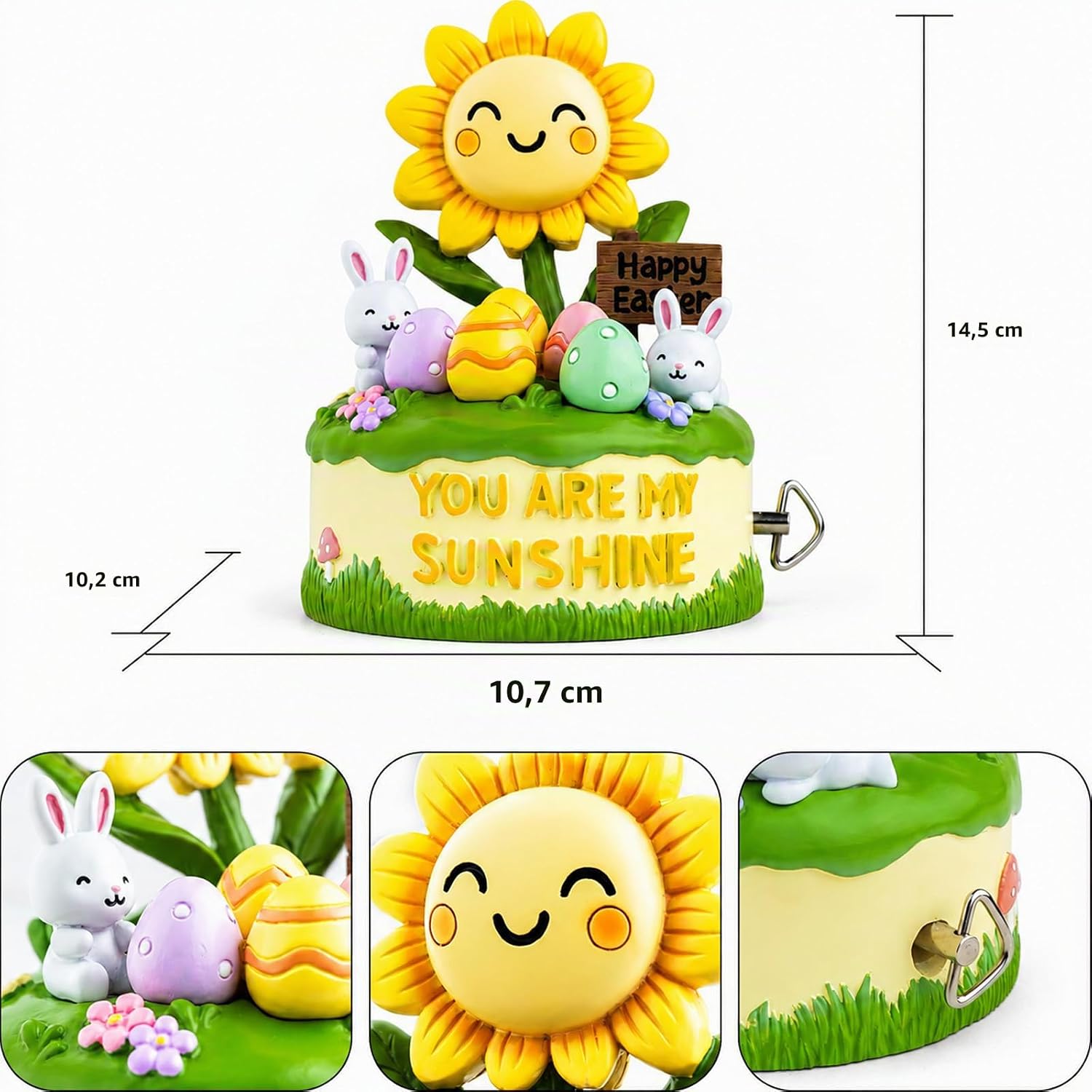 Dimensions of the You Are My Sunshine Easter music box with sunflower and bunny figurines
