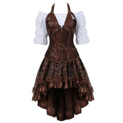 Brown halter corset outfit with zipper front, ring belt, and white off-shoulder blouse