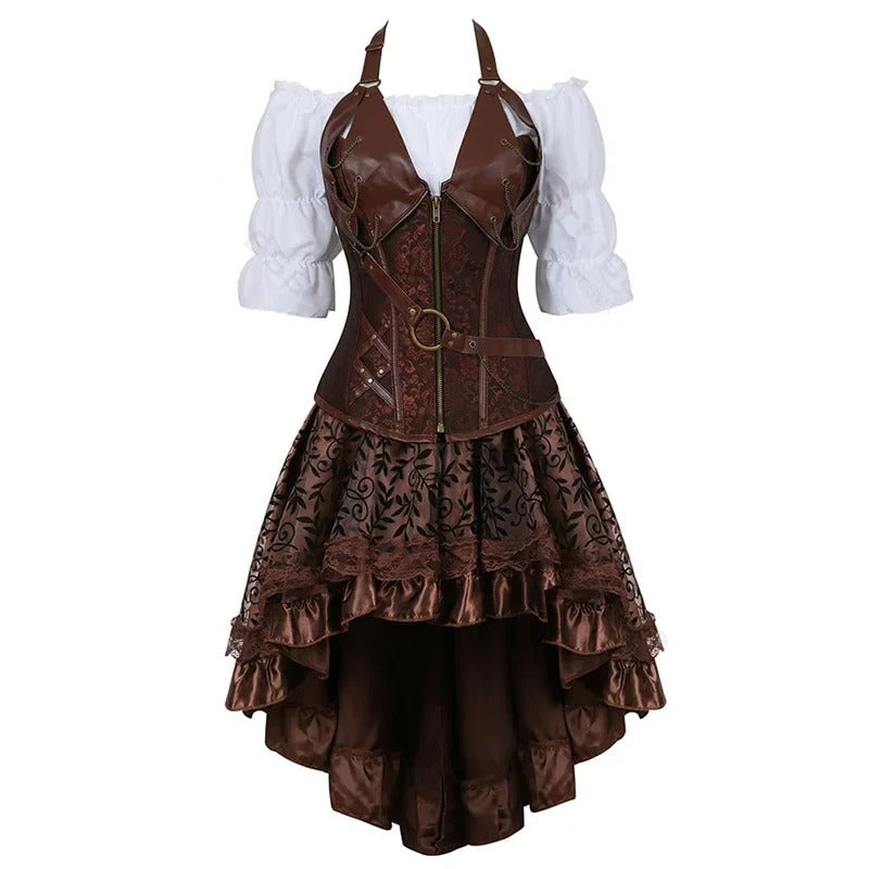 Brown halter corset outfit with zipper front, ring belt, and white off-shoulder blouse