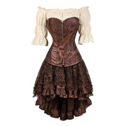 Brown zip-and-ring corset outfit with floral lace skirt