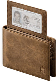 Rustic brown leather men's wallet with visible ID window and slim bifold design.
