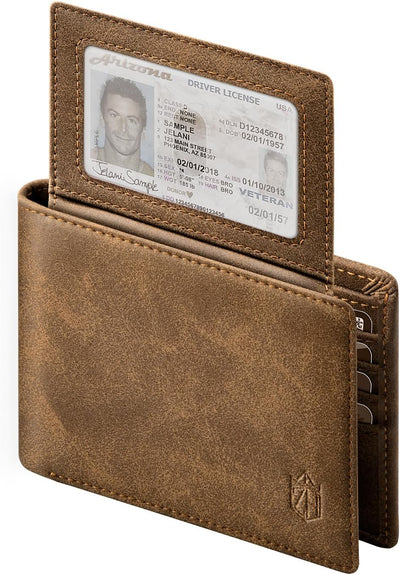 Zitahli RFID Leather Wallet for Men – Slim Bifold with 14 Card Slots & 2 ID Windows – Vintage Crazy Horse Brown