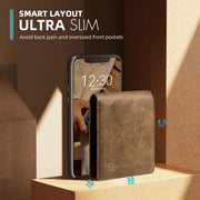 Side-by-side of wallet and smartphone showing wallet's slim 0.6 inch profile.