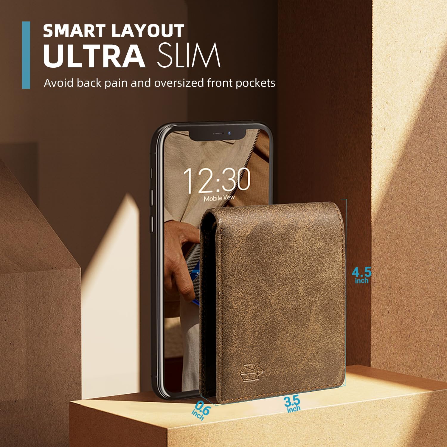 Side-by-side of wallet and smartphone showing wallet's slim 0.6 inch profile.