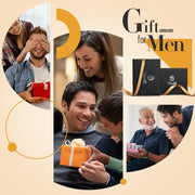 Stylish gift-ready brown leather wallet shown with family gift-giving moments.