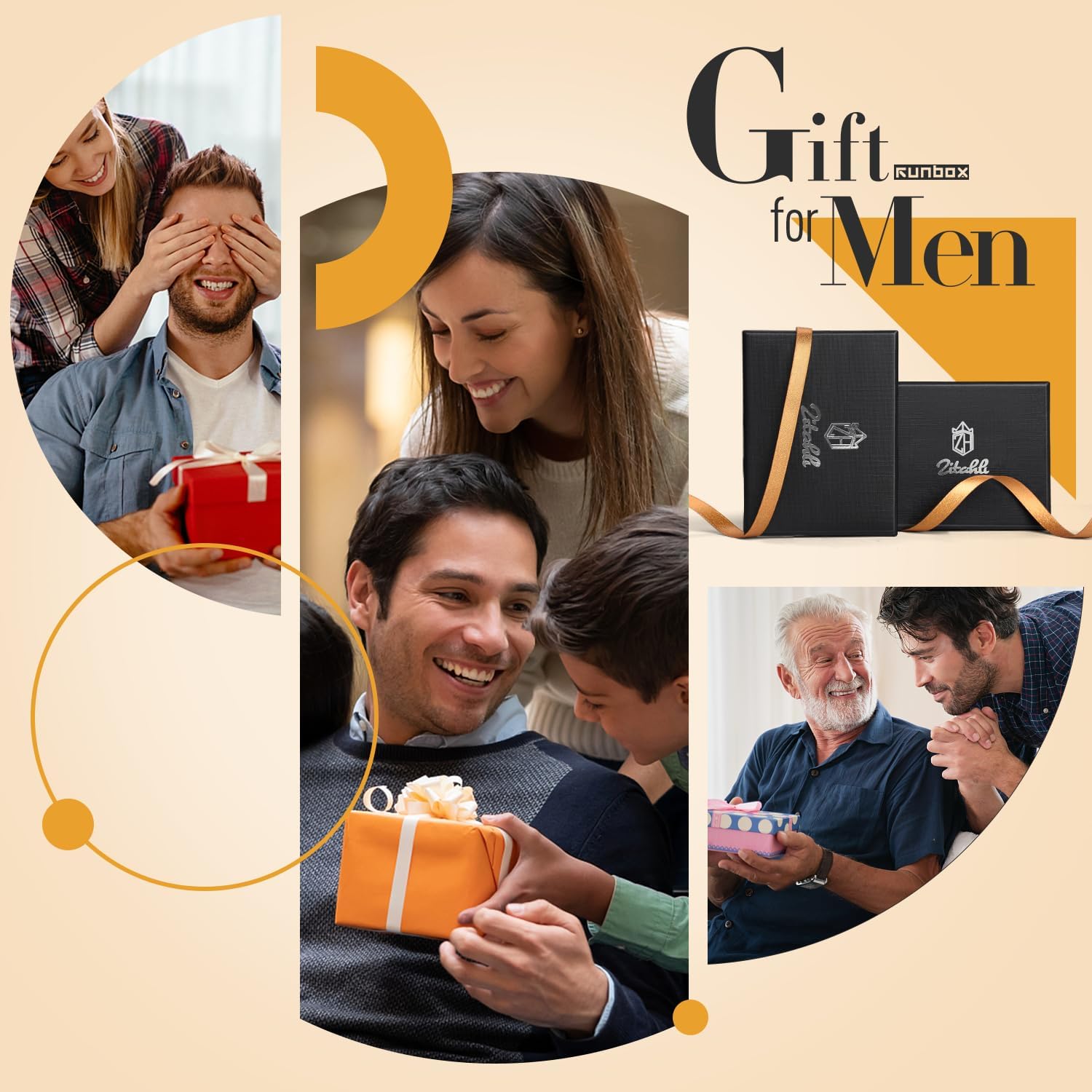 Stylish gift-ready brown leather wallet shown with family gift-giving moments.