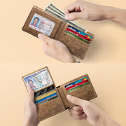 Hands holding RFID wallet while inserting cash and cards, demonstrating storage.