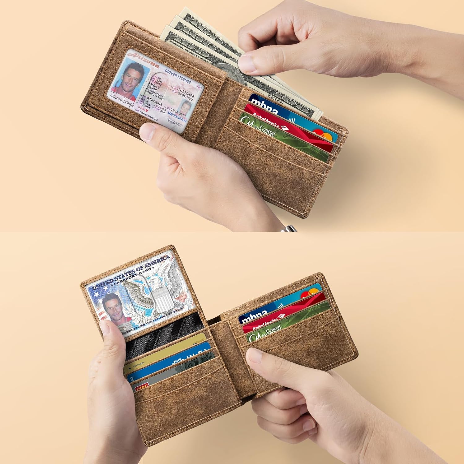 Hands holding RFID wallet while inserting cash and cards, demonstrating storage.