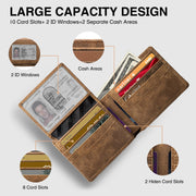Open view of wallet showing 10+ card slots, ID windows, and dual cash compartments.